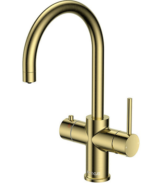 4‑in‑1 kitchen tap brushed brass – close‑up showing brushed brass finish, single‑lever handle and integrated boiler tank beneath the counter