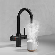 4‑in‑1 kitchen tap matt black – full front view of matt black swan‑neck kitchen tap with boiling‑water hot tank unit