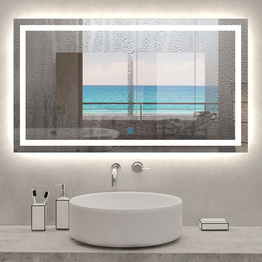 LED bathroom mirror with demister – close-up showing built-in anti-fog demister pad and LED lighting edge