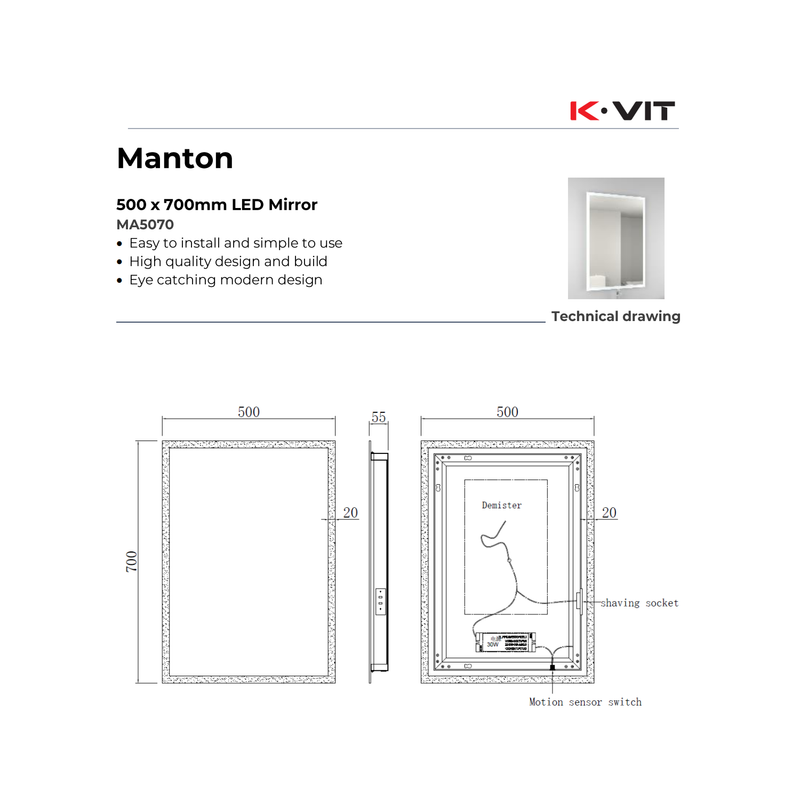 KV Manton 700 x 500 LED Mirror with Sensor Switch, Demister & Charging Socket