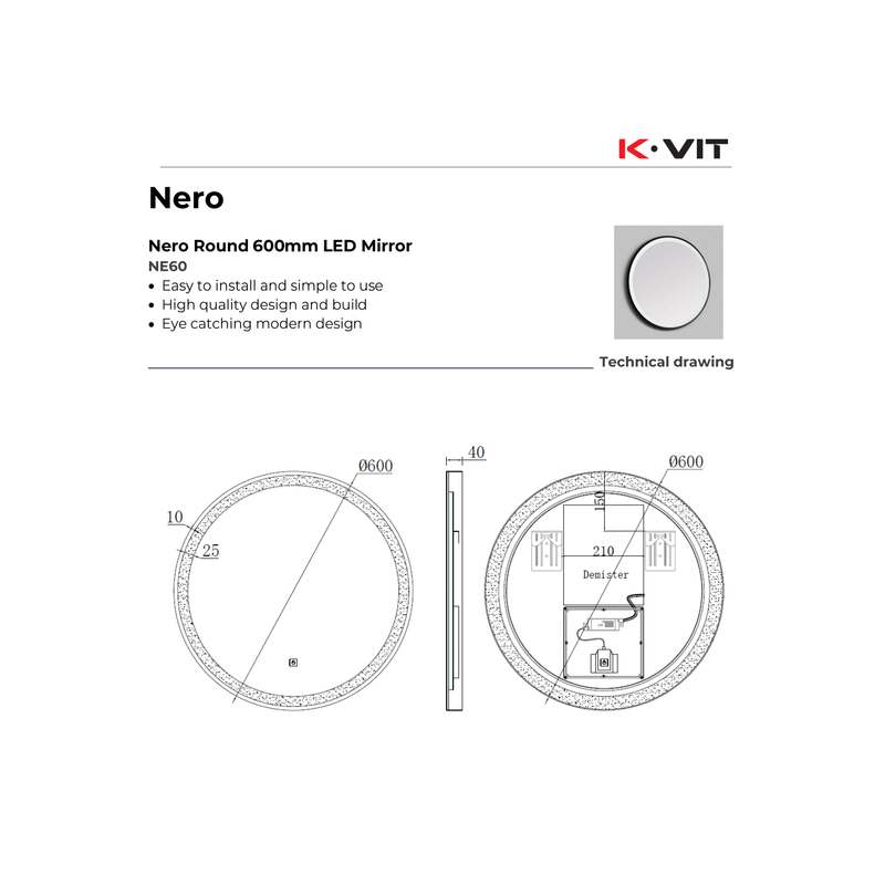 KV Nero Round 600mm Round LED Mirror with Antifog Demister & Touch Sensor - Matt Black