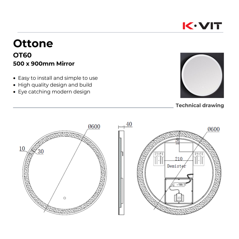 KV Ottone 600mm Brushed Brass Round LED Mirror – 3 Tone Light, Demister, Sensor Switch