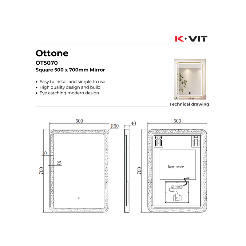 KV Ottone 700 x 500mm LED Mirror – 3 Tone Light, Demister, Sensor Switch – Brushed Brass