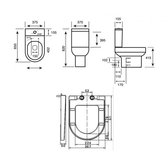 KV Bijoux Close Coupled Open Back Toilet with Soft Close Seat
