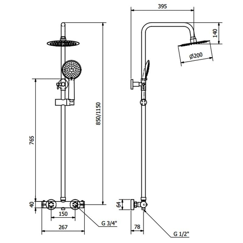 KV Nero Matt Black Round Thermostatic Exposed Bar Shower