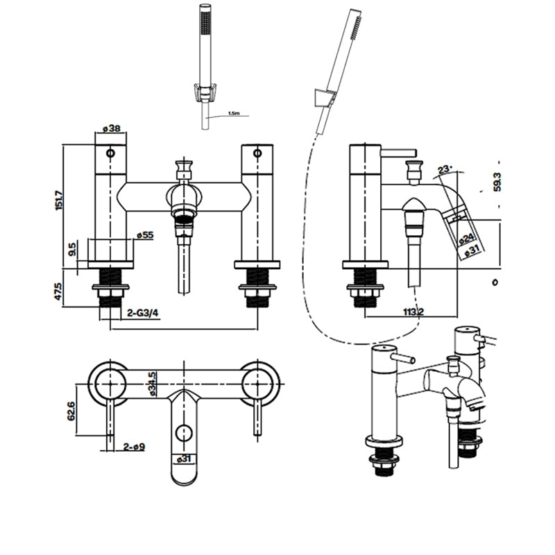 KV Nero Round Bath Shower Mixer - Matt Black