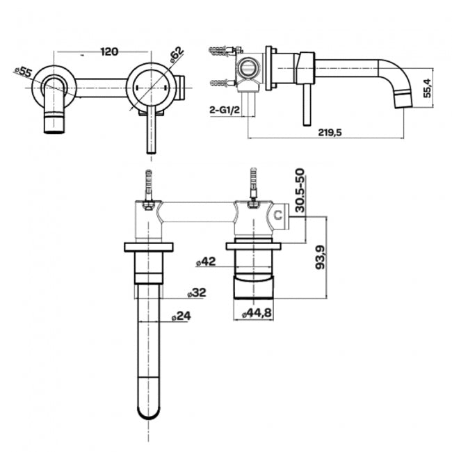 KV Nero Round Wall Mounted Basin Mixer - Matt Black
