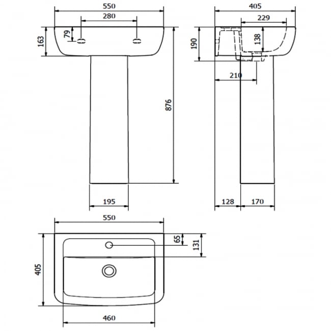 KV Options 550mm 1 Tap Hole Basin with Full Pedestal