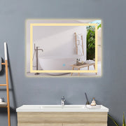 LED bathroom mirror with demister – bathroom scene with mirror switched on, showing clear reflection after steam