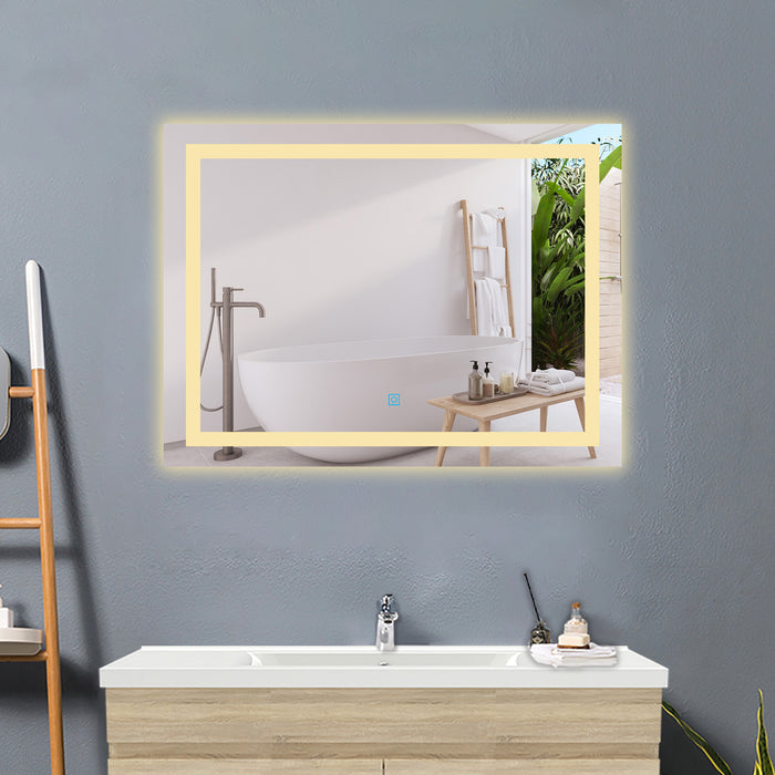 LED bathroom mirror with demister – bathroom scene with mirror switched on, showing clear reflection after steam