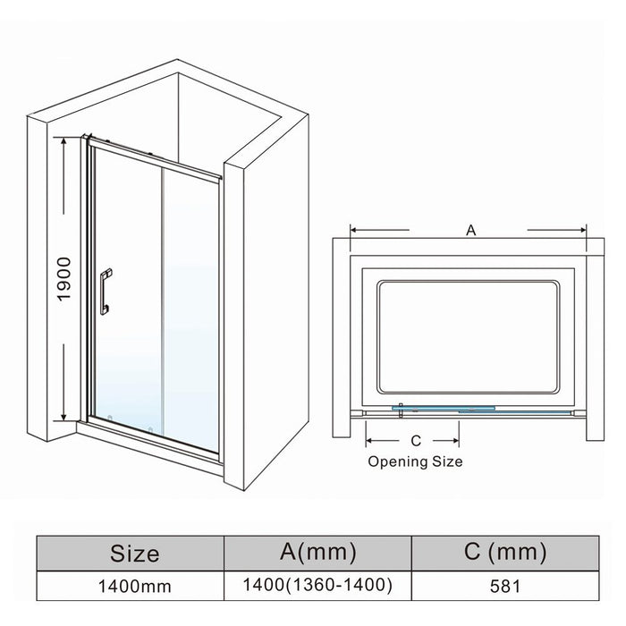 Linea 1400 Sliding Shower Door 8mm Clear Glass  - Chrome