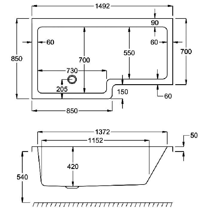 Carron Quantum L-Shaped Square Shower Bath - Select Size/Hand