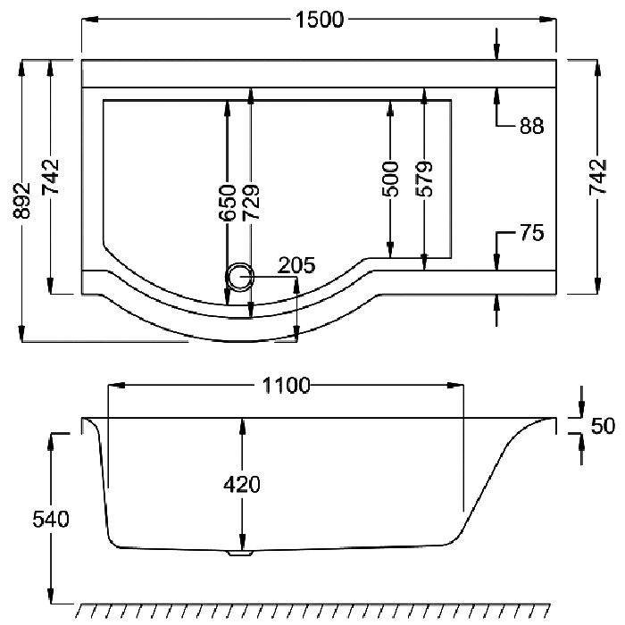 Carron Urban P-Shape Shower Bath - Select Size/Hand