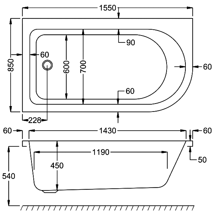 Carron Status 1550mm  x 850mm Curved Shower Bath - Left/Right Hand