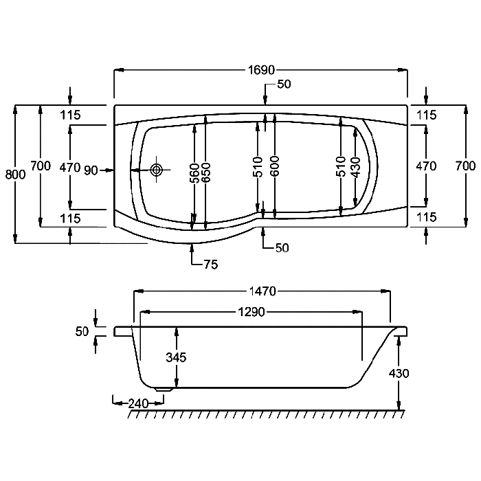 Carron Eco Aspect P-Shaped Shower Bath - Left/Right Hand