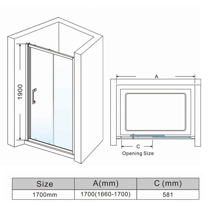 Linea 1700 Sliding Shower Door 8mm Clear Glass  - Chrome