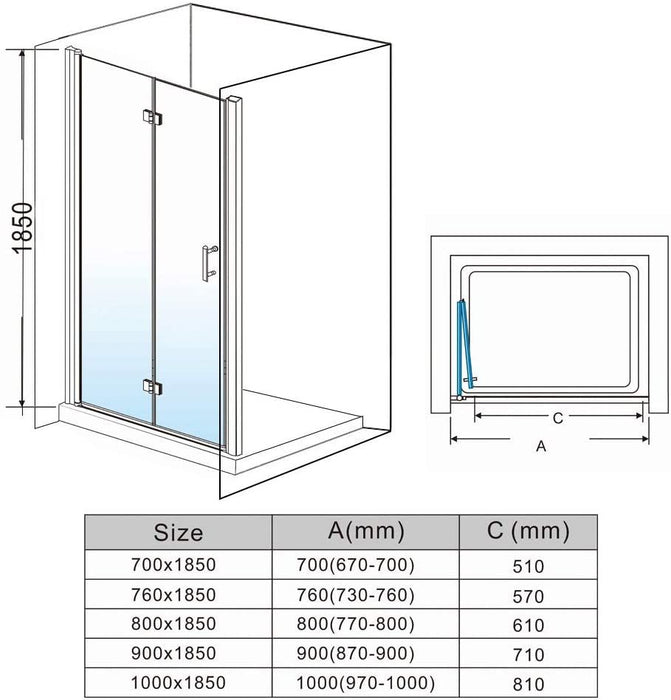 Linea 760mm Frameless Bi Fold Shower Door 6mm Clear Glass - Chrome