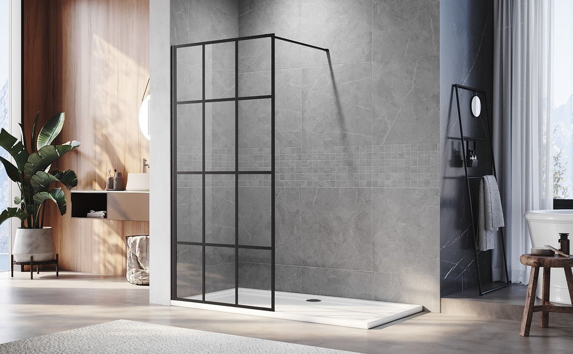 Linea Grid 900mm Walk-In Shower Panel 8mm Black Grid Glass - Matt Black