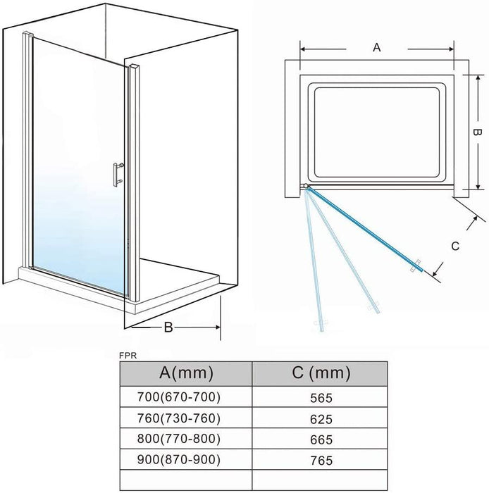 Linea 900mm Frameless Pivot Hinged Shower Door 6mm Clear Glass - Chrome