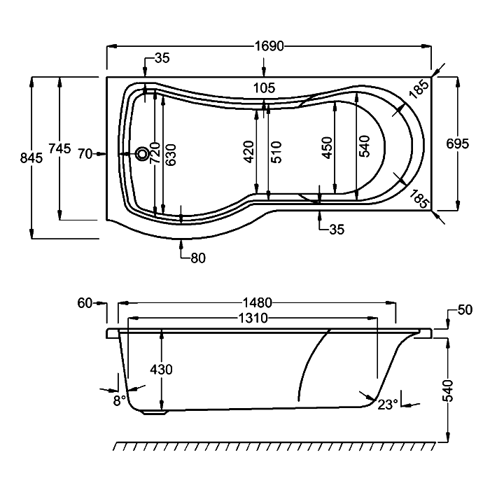 Carron Arc Curved 1700mm P-Shaped Shower Bath - Left/Right Hand