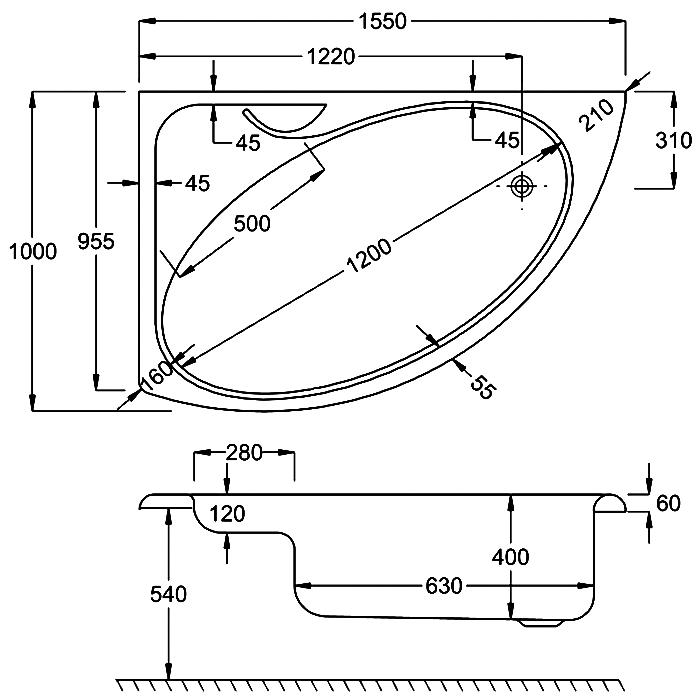 Carron Dove 1550mm x 950mm Corner Bath - Right Hand