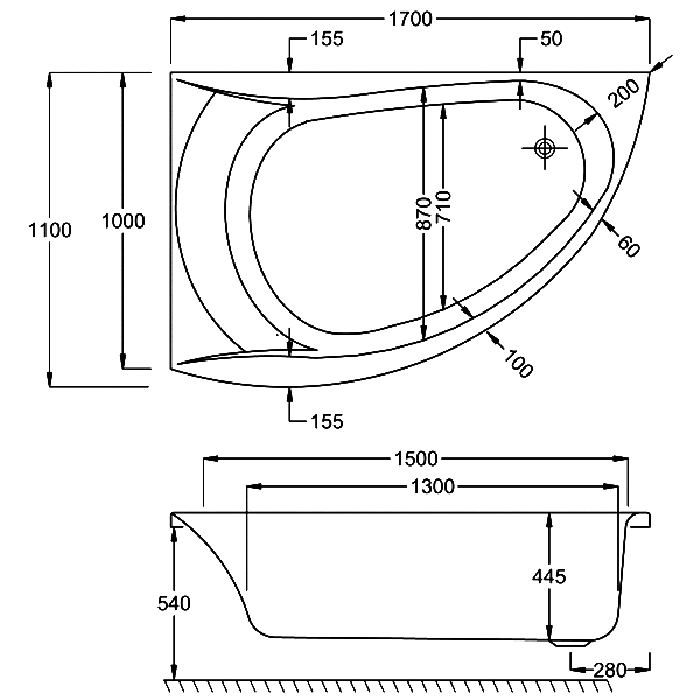 Carron Omega 1700mm x 1000mm Corner Bath - Right Hand