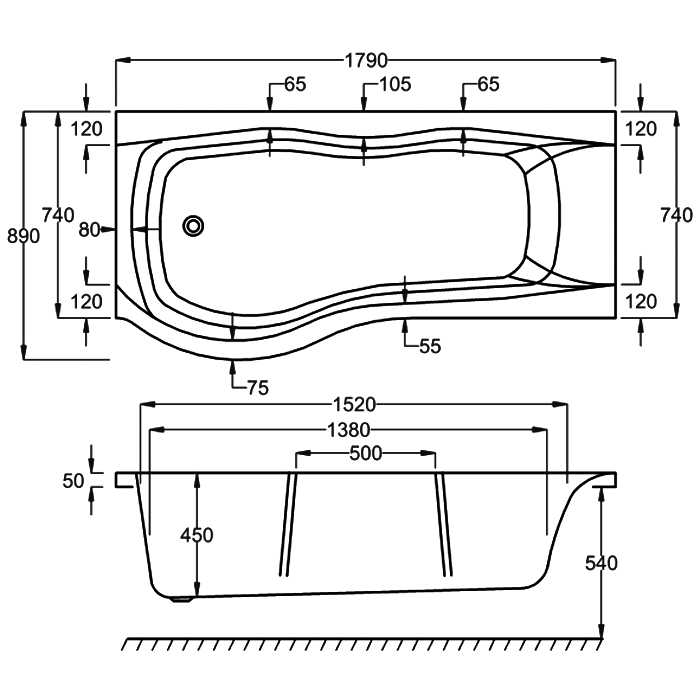 Carron Sigma 1800mm P-Shape Shower Bath - Right/Left Hand