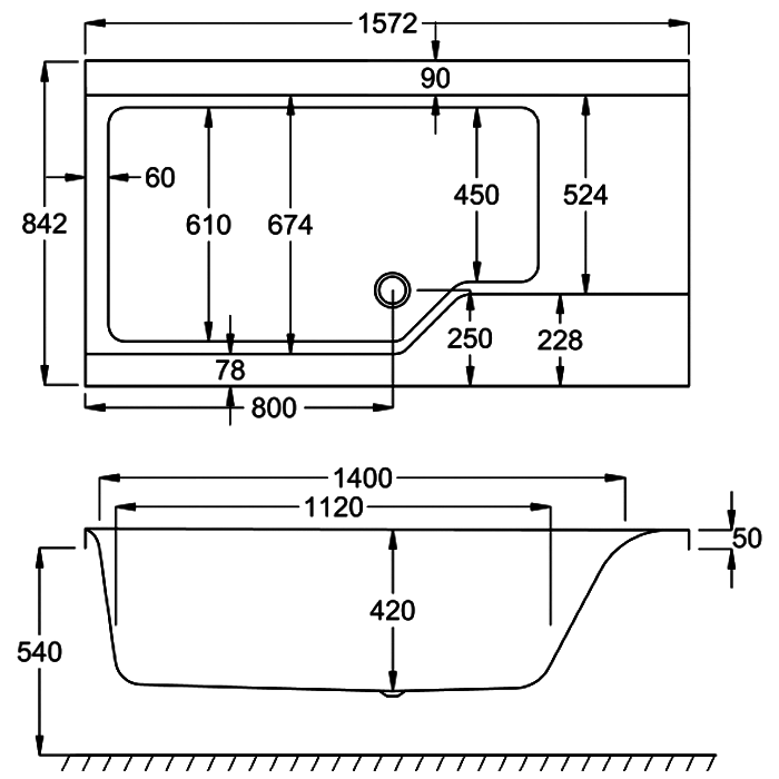 Carron Urban Swing 1575mm Shower Bath - Left/Right Hand